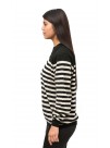  Black Contrast with White Striped, Long Sleeves, Crew Neckline Cashmere Pullover Sweater