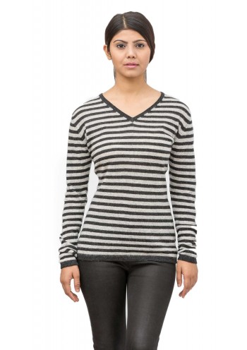 Black and White Contrast Striped Long Sleeves V-Neck Cashmere Pullover Sweater