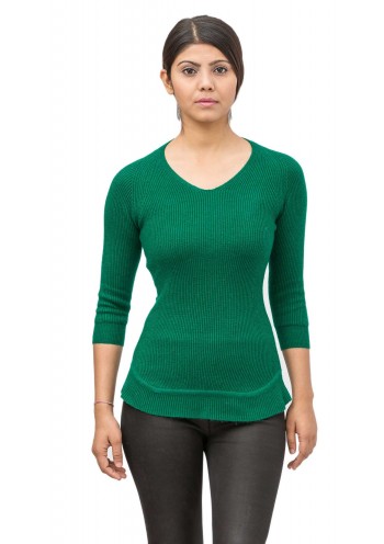 Cable Knit Green Three Quarter Sleeve V-Neck Pashmina Pullover Sweater 