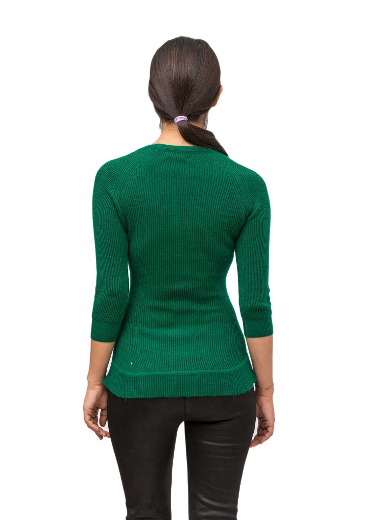 Posh Green Three Quarter Sleeved V-Neck Pashmina/Cashmere Sweater