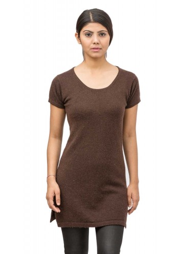 Brown Short Sleeves, Round Wide Neck Cashmere Pullover Sweater