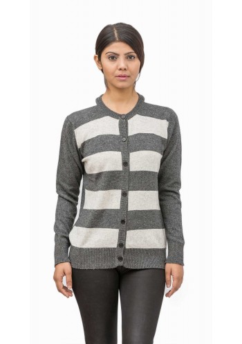 Gray & White Long Sleeved Crew Neck Striped Cashmere Cardigan Sweater