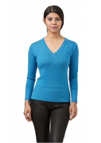 Carolina Blue Long Sleeves V-Neck, Slip On Cashmere Sweater