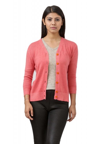 Coral Pink Long Sleeved V-Neck Pashmina/Cashmere Cardigan