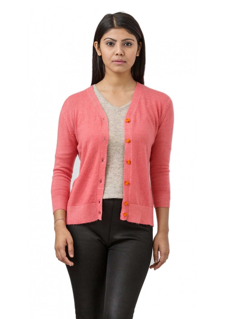 Coral Pink Long Sleeved V-Neck Pashmina/Cashmere Cardigan