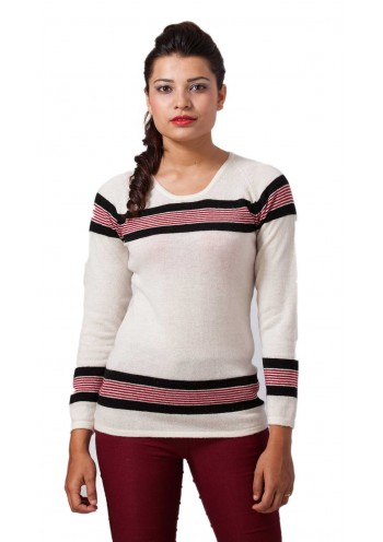 Three-Tone Striped Long Sleeves Crew Neckline Cashmere Slip on Sweater