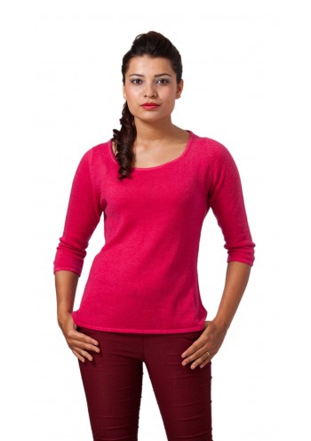 Pink  Three Quarter Sleeve, Drop Shoulder Cashmere Pullover Tee  