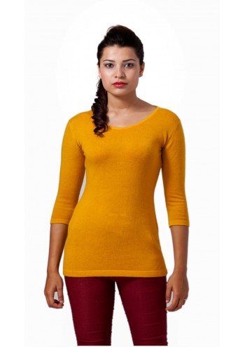 Yellow Three-Quarter Sleeved, Broad Crew Neck Cashmere Pullover