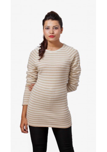 Beige White Striped Long Sleeved Crew Neck Cashmere Slip-on Sweater