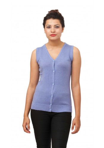 Blue Sleeveless, V-Neckline Cashmere Cardigan Vest 