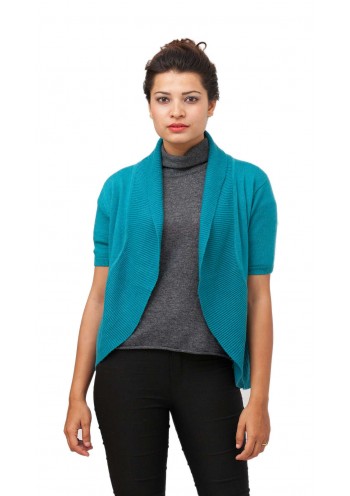 Teal Blue Short Sleeve,Classic Open Front Cashmere Bolero Cardigan