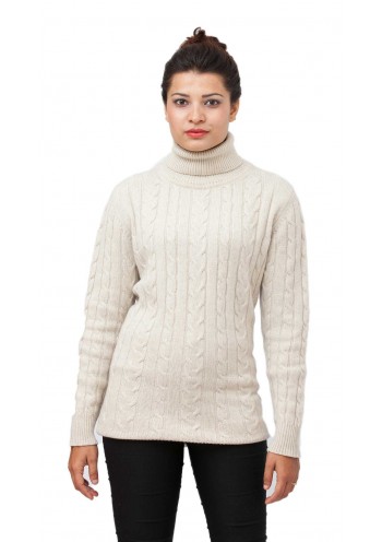 Pearl White Cable-Knit Long Sleeve, Mock- Neck Cashmere Pullover Sweater