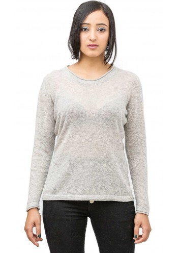 Pearl Gray Long Sleeve, Rolled -Hem, Crew Neck Cashmere Pullover Sweater