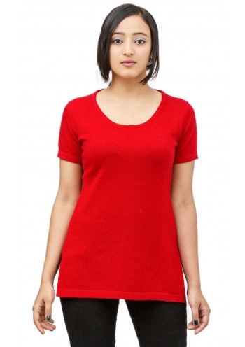 Vibrant Red Short Sleeve, Crew Neck Cashmere Pullover Sweater 