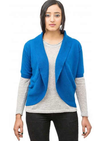 Sapphire Blue Short Sleeve,Classic Open Front Cashmere Bolero Cardigan