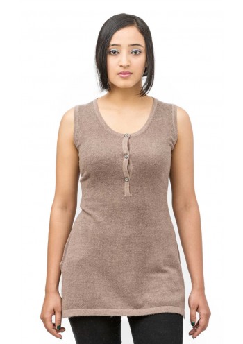 Brown Round Neck with  Split Collard Button Sleeveless Cashmere Pullover