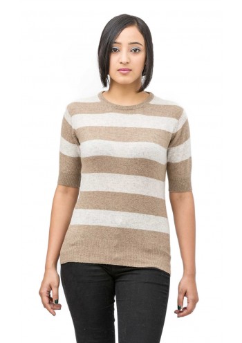 Brown & White Striped Short Sleeve Crew Neck Cashmere  Pullover Sweater