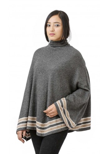 Dark Grey with Contrast Striped  Turtle Neck Cashmere Slip-on Cape Poncho