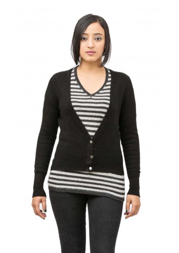 Black  Long Sleeves V-Neck Cashmere Cardigan 