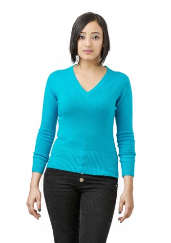 Long Sleeve, Blue V-Neck Cashmere Slip on  Sweater