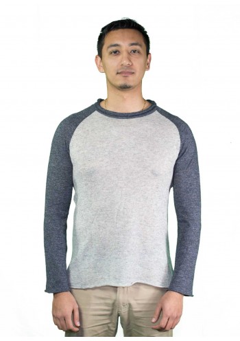 Contrast Gray Cashmere Baseball Crew Neck  Slip on Sweater with Classic Touch