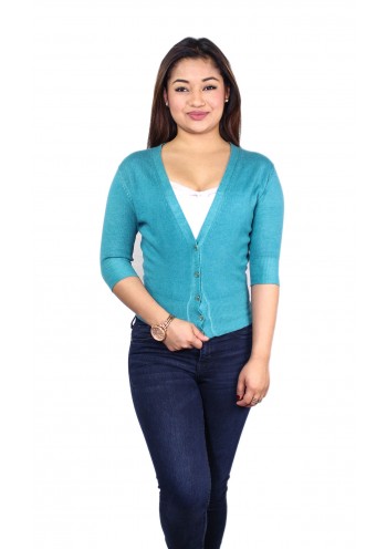 Blue Three- Quarter Sleeves V-Neck Cashmere Cardigan