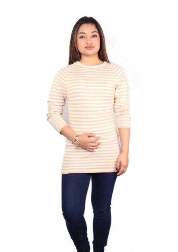 Contrast Beige White Striped Long Sleeved Crew Neck Cashmere Pullover Sweater 