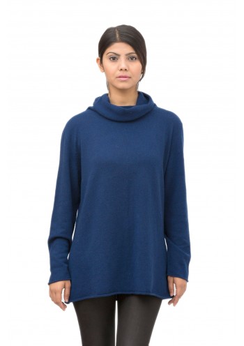 Oxford Blue Long  Sleeve, Cowl-Neck Cashmere Pullover Sweater