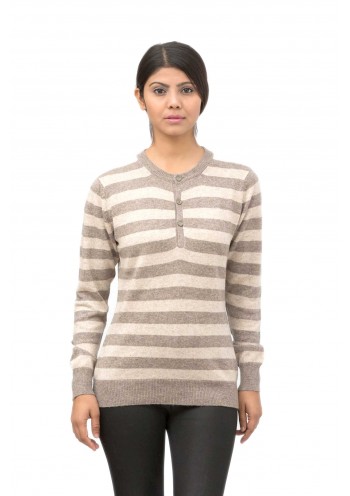 Gray and White Contrast Long Sleeve, Split  Button Neck Cashmere Pullover