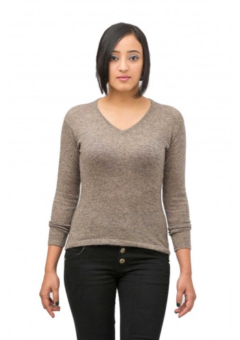 Brown Long Sleeve V-Neck Cashmere Pullover Sweater