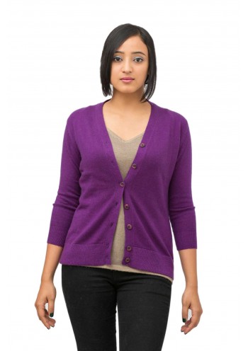 Vibrant Purple Long Sleeve Round-Neck Cashmere Cardigan Sweater